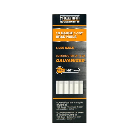 Sends Them Straight 18 Gauge Brad Nails 1 Point Five Inch Glue Collated Rugged Steel 1000 Count Box packaging image.