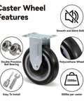 Heavy Duty 5 Inch Polyurethane Caster Set Of 4 With 1400 Lb Capacity Smooth Rolling Industrial Replacement Wheels features close-up of wheel with double ball bearings.