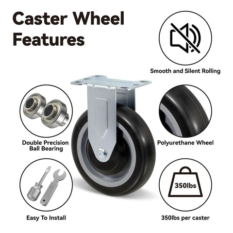 Heavy Duty 5 Inch Polyurethane Caster Set Of 4 With 1400 Lb Capacity Smooth Rolling Industrial Replacement Wheels features close-up of wheel with double ball bearings.