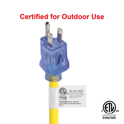 Close-up of Heavy Duty Outdoor Extension Cord 100 Ft Green With Lighted Connector 12/3 SJTW, certified for outdoor use.