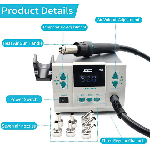 Hot Air Rework Station With Digital Display And Sleep Mode, 110V 1000W, 7 Nozzles, Adjustable Temperature, Desoldering Gun, BGA Pro Grade