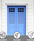 Premium Top Tier 52 Inch Door Drip Guard Aluminum Rain Deflector Weather Proof Door Panel Protector For Cars And Homes No Sweat Corrosion Shield Double Value Pack mounted above blue double doors.