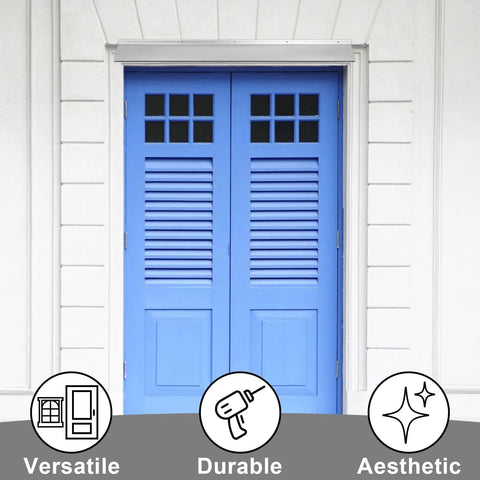 Premium Top Tier 52 Inch Door Drip Guard Aluminum Rain Deflector Weather Proof Door Panel Protector For Cars And Homes No Sweat Corrosion Shield Double Value Pack mounted above blue double doors.