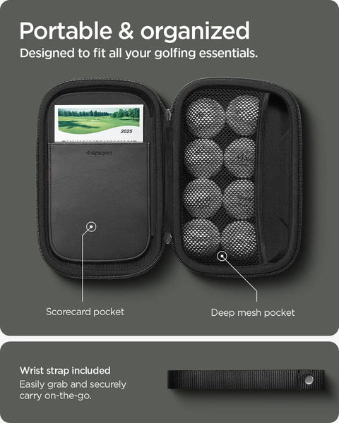 All In One Golf Gear Organizer Pouch Valuables Holder For Balls Tees Markers Gloves Range Finder Phone Wallet And Launch Monitor With Durable EVA Hard Shell And Water Resistant Design showing scorecard and mesh pockets with golf balls.