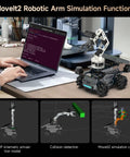 ROS2 Robot Kit With Raspberry Pi 5 16GB Mecanum Wheel Dope Setup Multimodal AI Large Model Voice Interaction Vision Recognition Display Pi5 16GB Version High Performance Mech Arm Educational Robot For ROS2 Projects showing robotic arm simulation on a laptop screen.