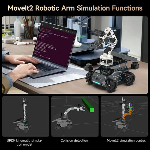 ROS2 Robot Kit With Raspberry Pi 5 16GB Mecanum Wheel Dope Setup Multimodal AI Large Model Voice Interaction Vision Recognition Display Pi5 16GB Version High Performance Mech Arm Educational Robot For ROS2 Projects showing robotic arm simulation on a laptop screen.