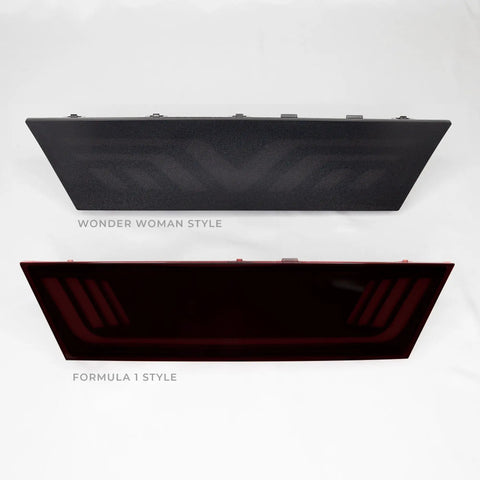 Dope Tesla Model Y Led Brake And Turn Signal Kit With Smoke Tint Lens Replaces Hitch Cover showing two designs: Wonder Woman and Formula 1 styles.