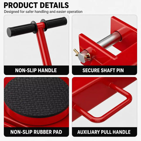 Heavy Duty Machinery Rolling Skates And Industrial Dolly Cart Featuring PU Wheels with non-slip handle and secure shaft pin.