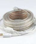 Lit 100 Foot LED Rope Light Kit With 27000 Lumens, 6000K Pure White, Dimmable, coiled with power cord on white background