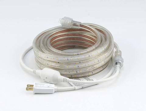 Lit 100 Foot LED Rope Light Kit With 27000 Lumens, 6000K Pure White, Dimmable, coiled with power cord on white background