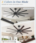 65 Inch Large Ceiling Fan No Light With Remote 6 Speed Reversible Quiet DC Motor 10 Blade Dual Color Black And Wood Grain Indoor Outdoor Ceiling Fan For Bedroom Living Room Patio Garage with industrial black and wood grain blades installed in a living room.
