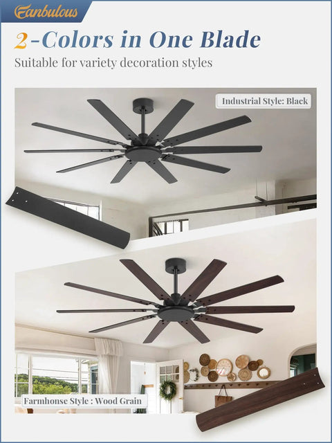 65 Inch Large Ceiling Fan No Light With Remote 6 Speed Reversible Quiet DC Motor 10 Blade Dual Color Black And Wood Grain Indoor Outdoor Ceiling Fan For Bedroom Living Room Patio Garage with industrial black and wood grain blades installed in a living room.
