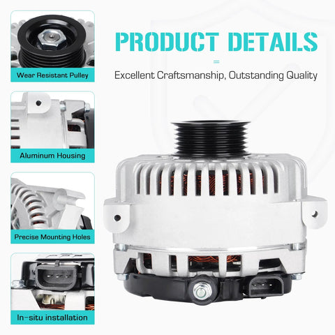 Front view of Lincoln 4.6L V8 Alternator Replacement Fits Continental Aviator Town Car Crown Victoria Grand Marquis Mountaineer Explorer 1995-2004 12V OE Style
