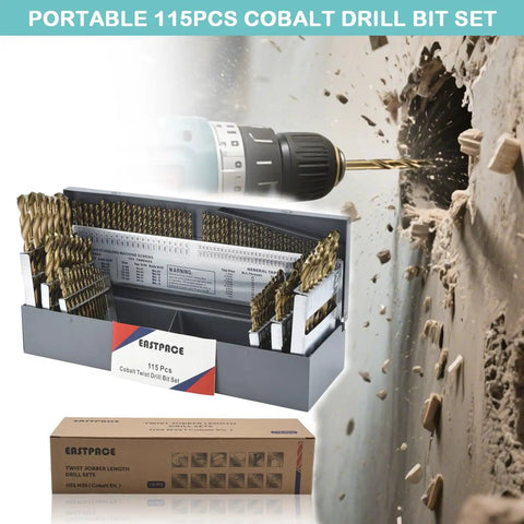 Pro Grade 115-Piece M35 Cobalt Drill Bit Set With Indexed Metal Case, drill in action on hard surface