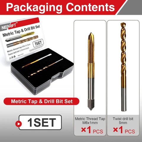 Packaging of M6 X 1 Spiral Point Tap And 5mm Twist Drill Bit Set Pro Grade For Drilling And Tapping Machine Screws.
