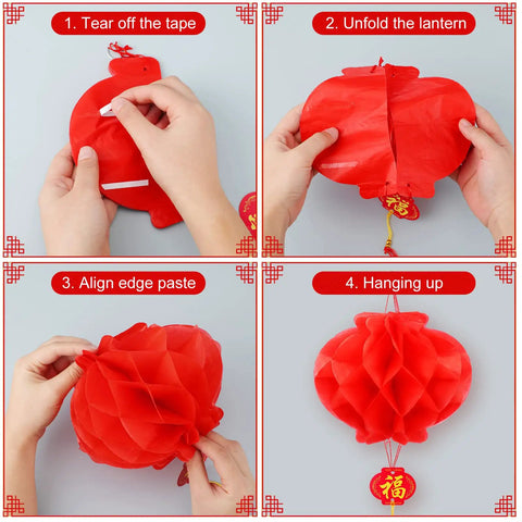 Step-by-step assembly of red paper lantern from 20 Piece Chinese Japanese Paper Lantern Set With 12 Inch Cherry Flower Lanterns And 7.87 Inch Red Lanterns For Hibachi Parties Birthday Weddings Home Decor Asian Restaurant Vibe.