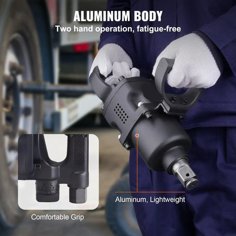 Rugged Pro-Level 1 Inch Pneumatic Impact Wrench with aluminum body and comfortable grip for heavy duty truck repair jobs.
