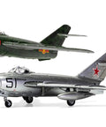 Two MiG-17F Fresco World War II Airplane Model Kit Gift Set 1 To 72 Scale Plastic Planes, one in silver, one in green.