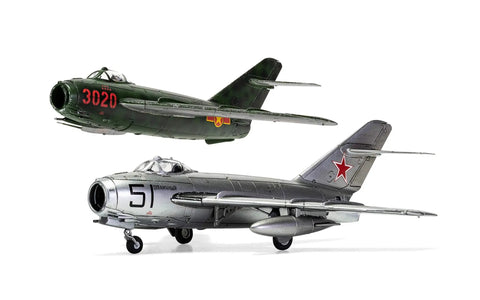 Two MiG-17F Fresco World War II Airplane Model Kit Gift Set 1 To 72 Scale Plastic Planes, one in silver, one in green.
