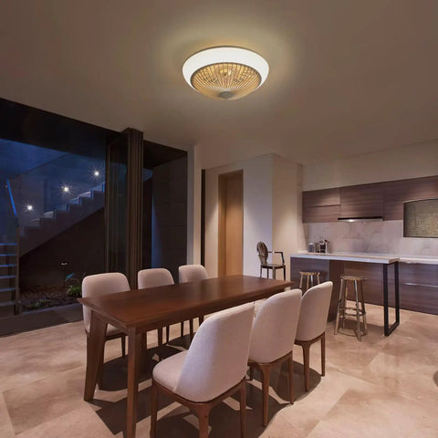 15 Inch Enclosed Bladeless Ceiling Fan with RGB Dimmable LED Light in modern dining room setting.