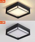 Square Flush Mount Outdoor LED Ceiling Light Fixture 9 Inch 120V 24W 3000K Black Waterproof For Wet Areas Porch Patio Coastal Ready Rust Resistant Aluminum And PC Shade, shown in on and off positions