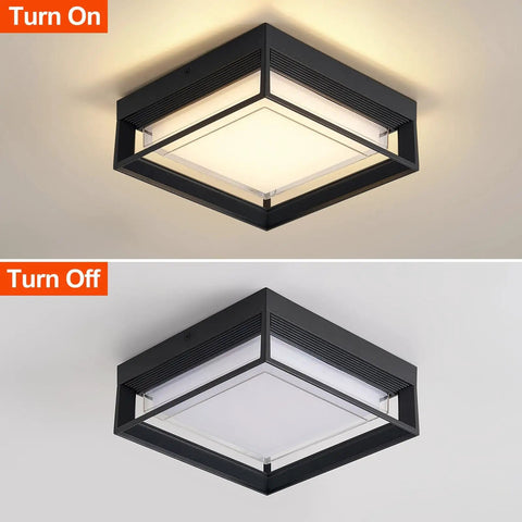 Square Flush Mount Outdoor LED Ceiling Light Fixture 9 Inch 120V 24W 3000K Black Waterproof For Wet Areas Porch Patio Coastal Ready Rust Resistant Aluminum And PC Shade, shown in on and off positions