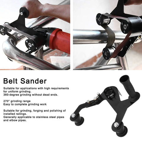 Heavy Duty Belt Sander Polishing Machine For Stainless Steel Tube Grinder, shown grinding a curved stainless pipe.