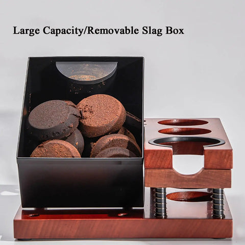 Killer Solid Wood Coffee Tamping Station and Knock Box Organizer features double layer storage with a removable slag box full of grounds.