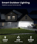 Solar Outdoor Security Camera With Floodlight illuminating driveway and home with 1200 lumen light, nighttime view.