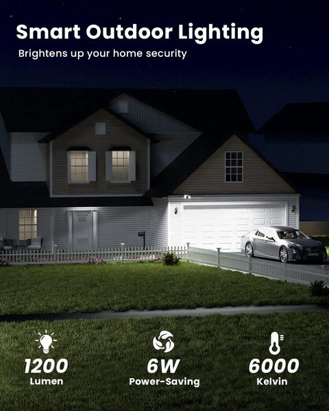 Solar Outdoor Security Camera With Floodlight illuminating driveway and home with 1200 lumen light, nighttime view.