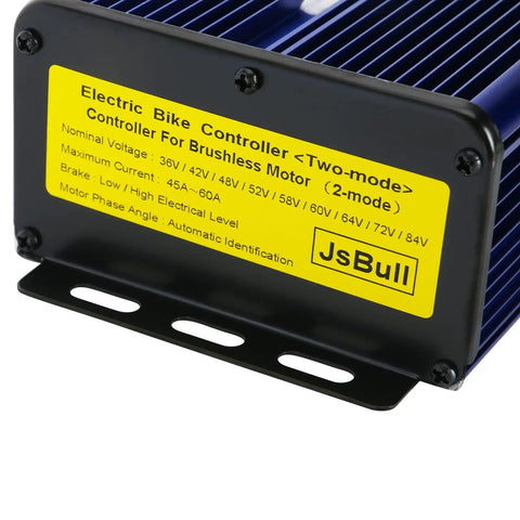 Close-up of electric bike controller for brushless motor with yellow label showing voltage and current specifications