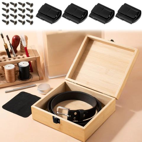 Open wooden box with black belt, showcasing 4 Pack Zinc Alloy Toggle Hasp Lock For Jewelry Boxes And Small Wooden Cases with screws