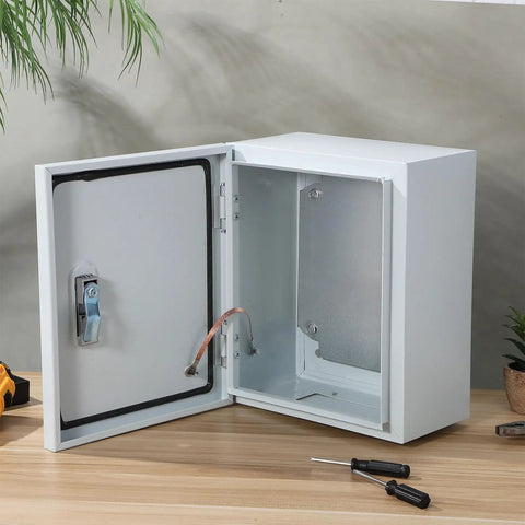 Heavy Duty Outdoor Weatherproof Electrical Box Wall Mount Control Enclosure Junction Box Thickened Steel Cabinet With Lockable Panel 250 By 300 By 140 mm For Industrial Use, shown open on a table.