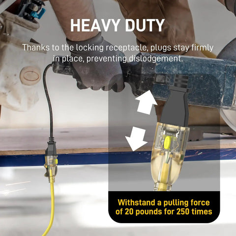 25 Foot Heavy Duty Outdoor Extension Cord With Waterproof Weatherproof Build LED Lighted Outlet And Locking Receptacle 125V 15A 1875W 3 Prong SJTW Electrical Power Cord ETL Listed Yellow used with power tool.