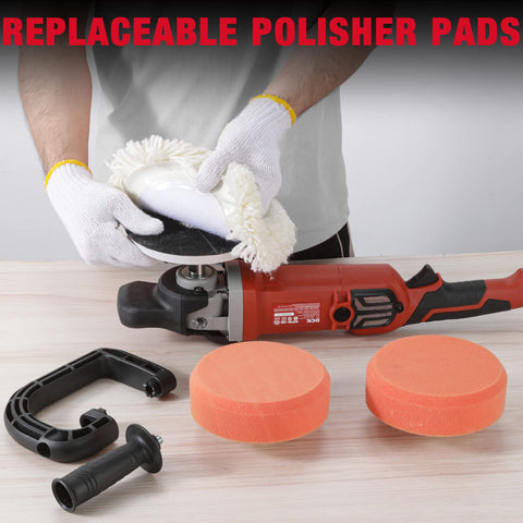 7-Inch Buffer Polisher with 8 Speed Settings 600-3500 RPM showcasing detachable handle and replaceable pads on a table.