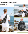 Large Capacity Fishing Backpack With Three Carrying Options Backpack Sling Or Chest Use Waterproof 900D Oxford Fabric shown by sea