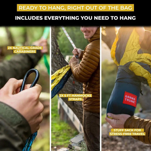 Ready to hang with Double Deluxe Camping Hammock For Two 11 Ft Long With 500 Lb Capacity Ultralight Rugged Ripstop Nylon setup items.