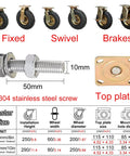 Smooth Operator Heavy Duty Industrial Casters showing fixed, swivel, brake wheels, stainless steel screws, and top plate dimensions.