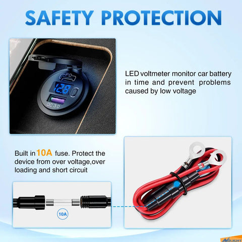 Ride Ready USB PD Type C Car Charger Socket With Digital Voltmeter And Rocker Switch Straight Shooter 12 To 24V showing voltmeter and wiring.