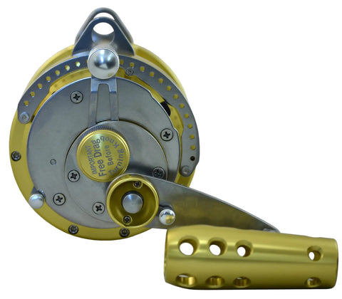 Beefy 50W Two Speed Twin Drag Fishing Reel for Big Game Saltwater Trolling, closeup of handle and drag system.