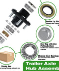 Diagram of Trailer Hub Kit For 5 On 4.5 Inch Axles, 2000 Pound Capacity, with labeled parts and features.
