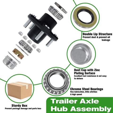 Diagram of Trailer Hub Kit For 5 On 4.5 Inch Axles, 2000 Pound Capacity, with labeled parts and features.
