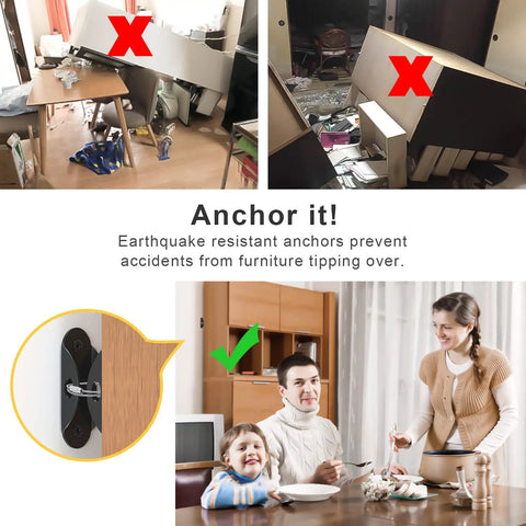 Heavy Duty Furniture Anchors 10 Pack Anti Tip Straps For Baby Proofing Up To 400 Lbs Earthquake Resistant Metal Wall Anchors To Stop Furniture From Tipping And Keep Kids And Pets Safe shown securing a bookshelf.