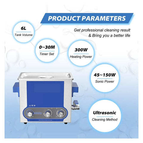Hualuck 6 Liter Ultrasonic Cleaner With Digital Knob Control And Heating Function 150W Power, showing product parameters.