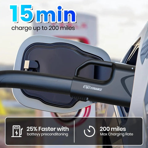 Nacs To Ccs1 Adapter With Secure Interlock For Tesla Superchargers charging at a station, showing charging connector and EV port.