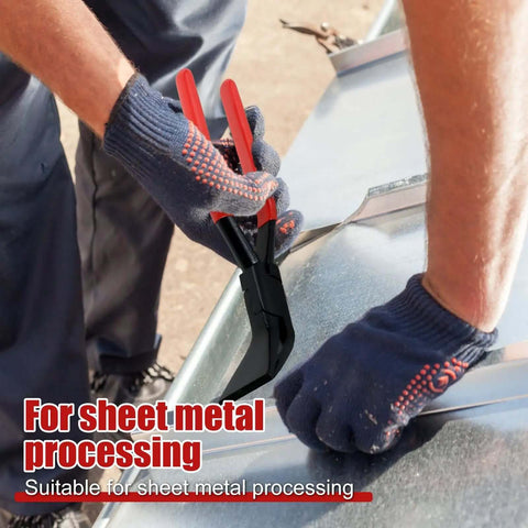 Pro Grade Three Piece Hand Seamer Set For Sheet Metal Bending And Flattening in use on sheet metal with gloved hands