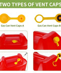 Anti Spill Gas Can Spout Replacement Kit With Flexible Nozzle showing two yellow vent caps on red cans