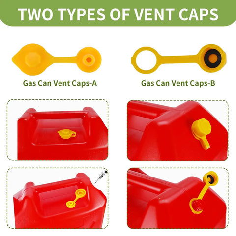 Anti Spill Gas Can Spout Replacement Kit With Flexible Nozzle showing two yellow vent caps on red cans