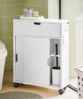 Slim Toilet Storage Cart With Wheels For Narrow Spaces 3 Tier Organizer For Toilet Paper Rolls Brushes Towels And Bathroom Essentials White Finish With Discreet Side Cabinet And Open Shelves Easy Glide Mobility BZR31-W next to toilet