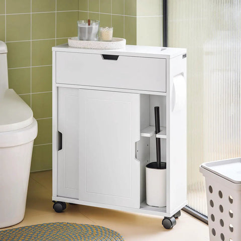 Slim Toilet Storage Cart With Wheels For Narrow Spaces 3 Tier Organizer For Toilet Paper Rolls Brushes Towels And Bathroom Essentials White Finish With Discreet Side Cabinet And Open Shelves Easy Glide Mobility BZR31-W next to toilet